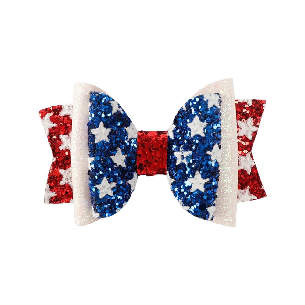 USA Red White Blue Girls Cheer Hair Bow Ties America Flag Glitter