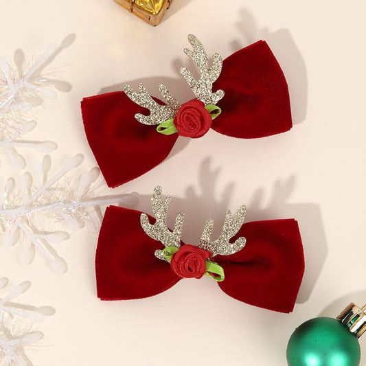 2Pcs Christmas Red Hair Bows Clips with Antlers