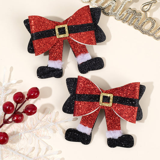 2Pcs Christmas Glitter Boots Hair Bows Clips