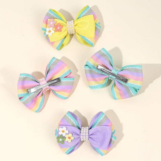 2Pcs Pastel Color Hair Bow Clips with Flower