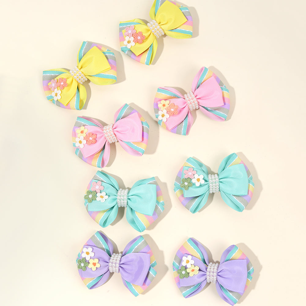 2Pcs Pastel Color Hair Bow Clips with Flower