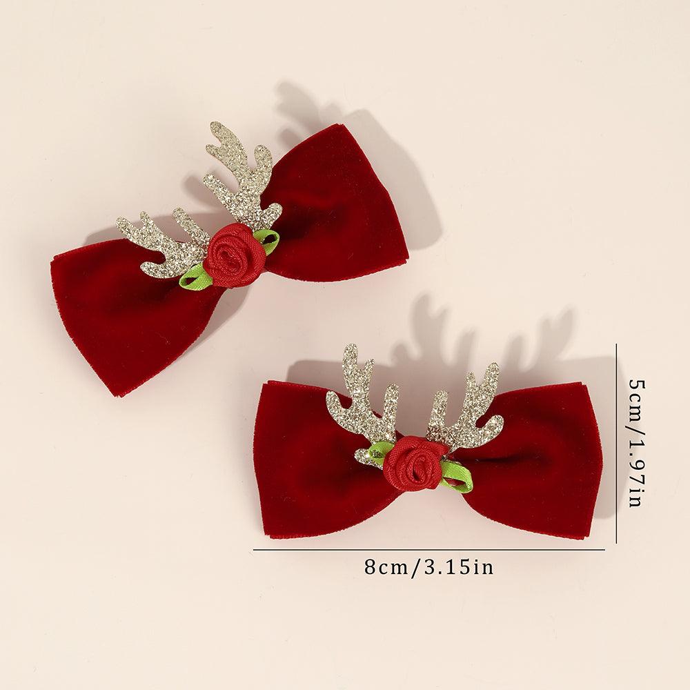 2Pcs Christmas Red Hair Bows Clips with Antlers