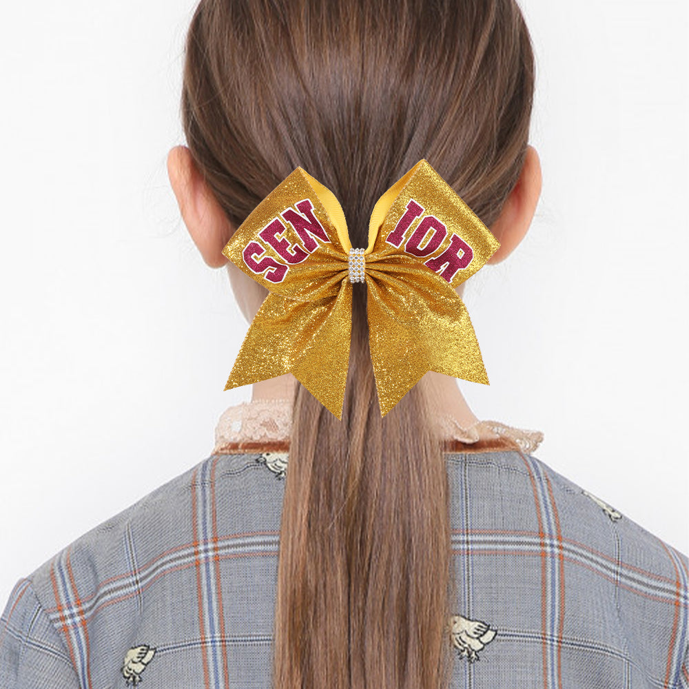 12Pcs 7" Glitter Senior Cheer Bows With Ponytail Holder