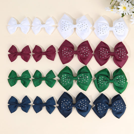 4Pcs Solid Color Hair Bow Clips with Rhinestone