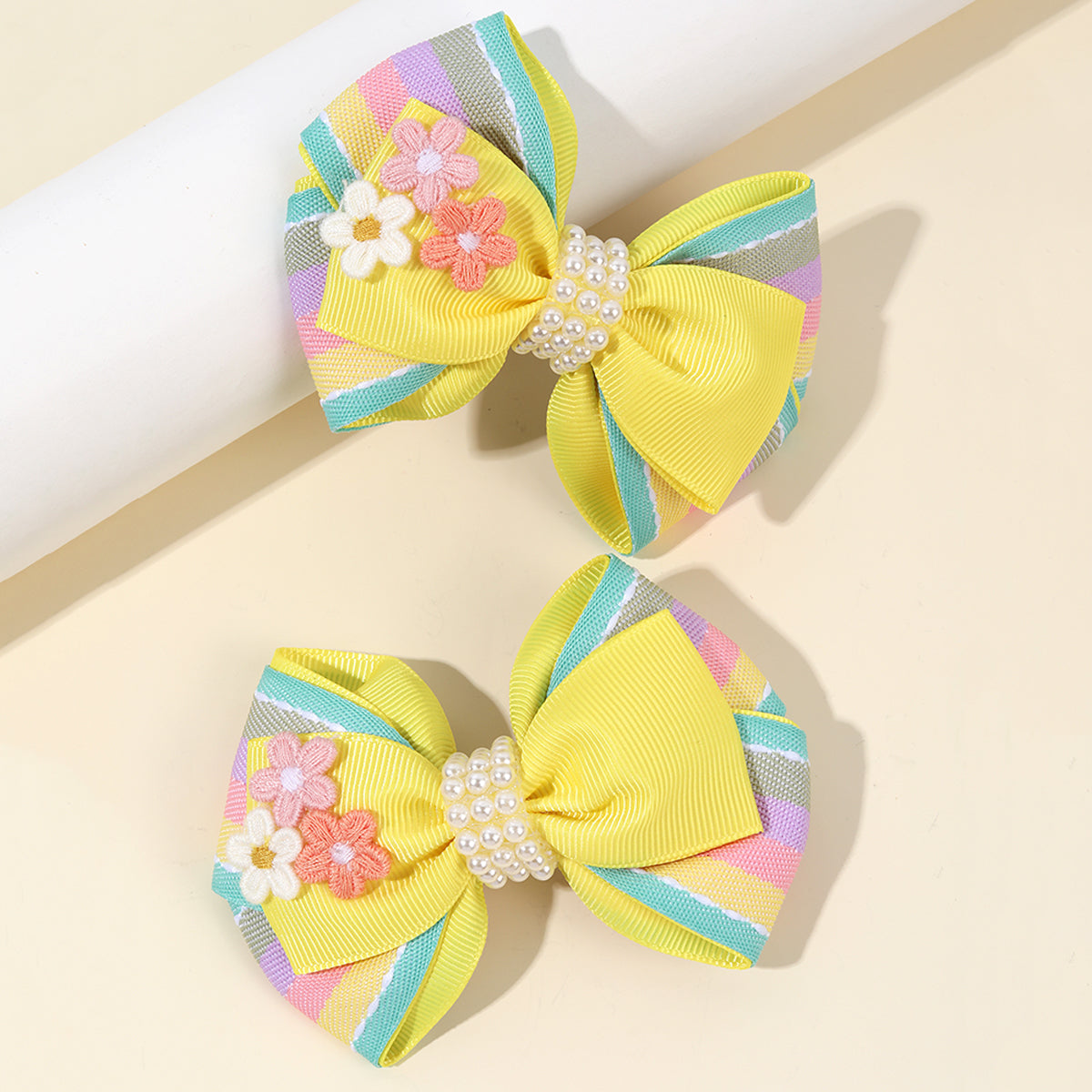 2Pcs Pastel Color Hair Bow Clips with Flower