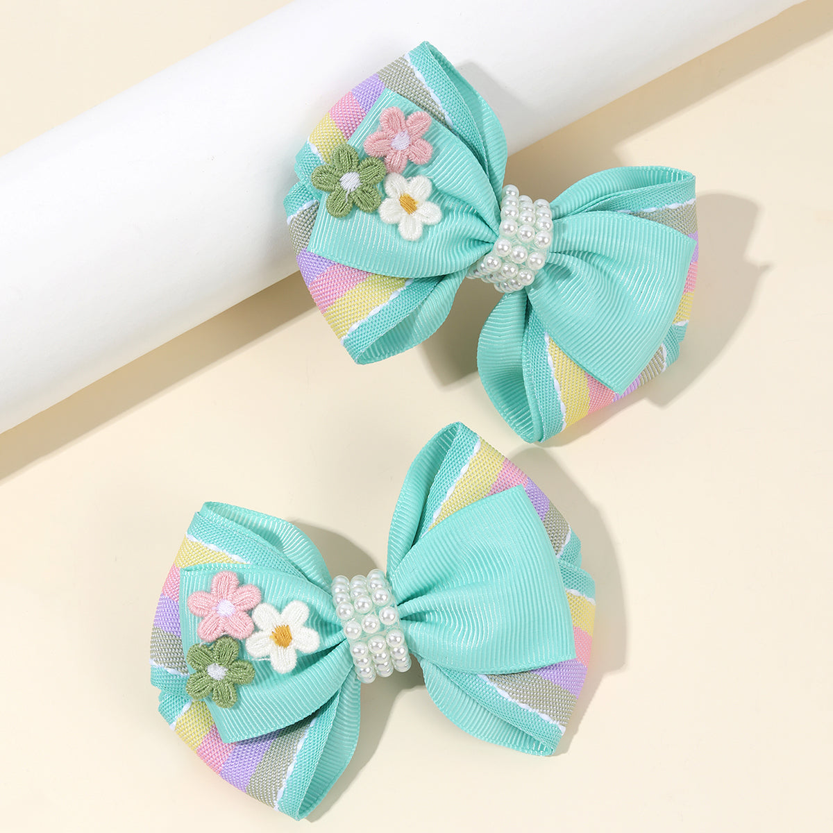 2Pcs Pastel Color Hair Bow Clips with Flower