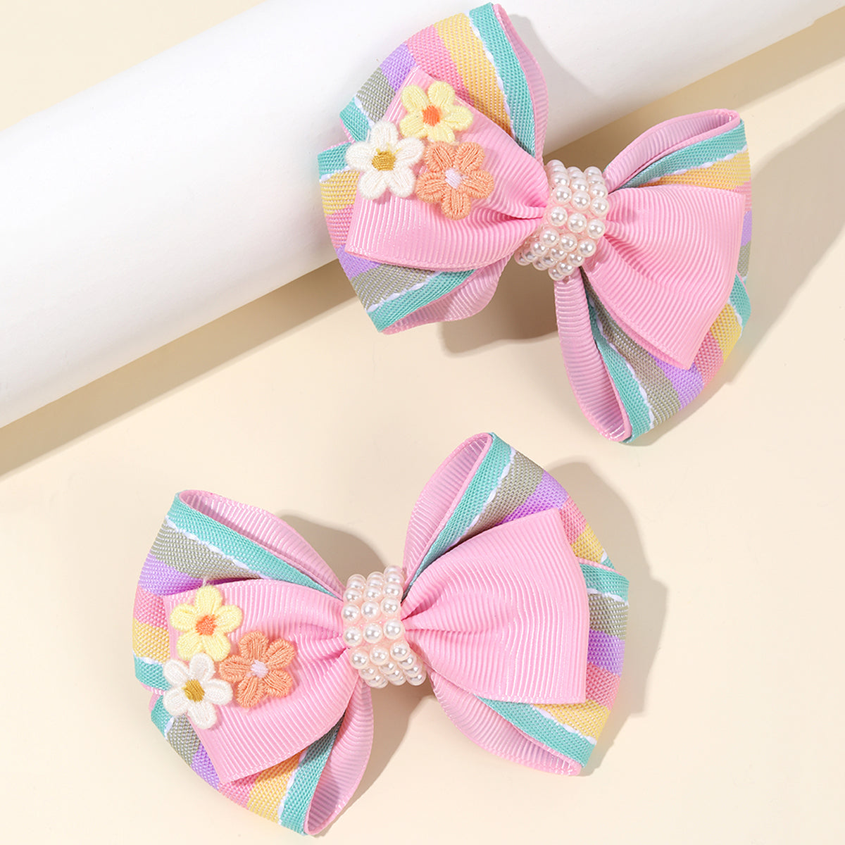 2Pcs Pastel Color Hair Bow Clips with Flower