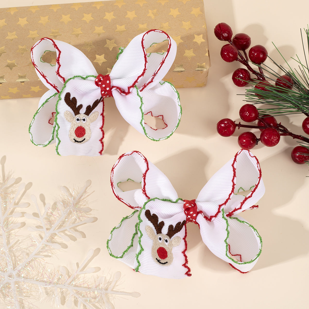 2Pcs Christmas Embroidery Hair Bow Clips