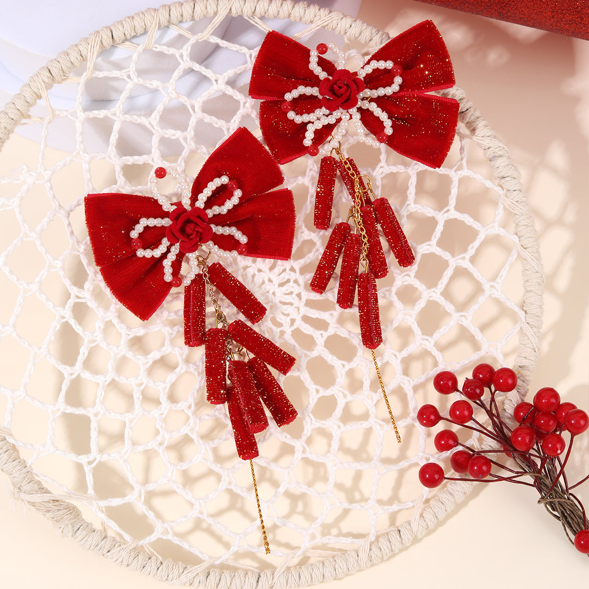 20Pair New Year Red Hair Bow Clips For Girls