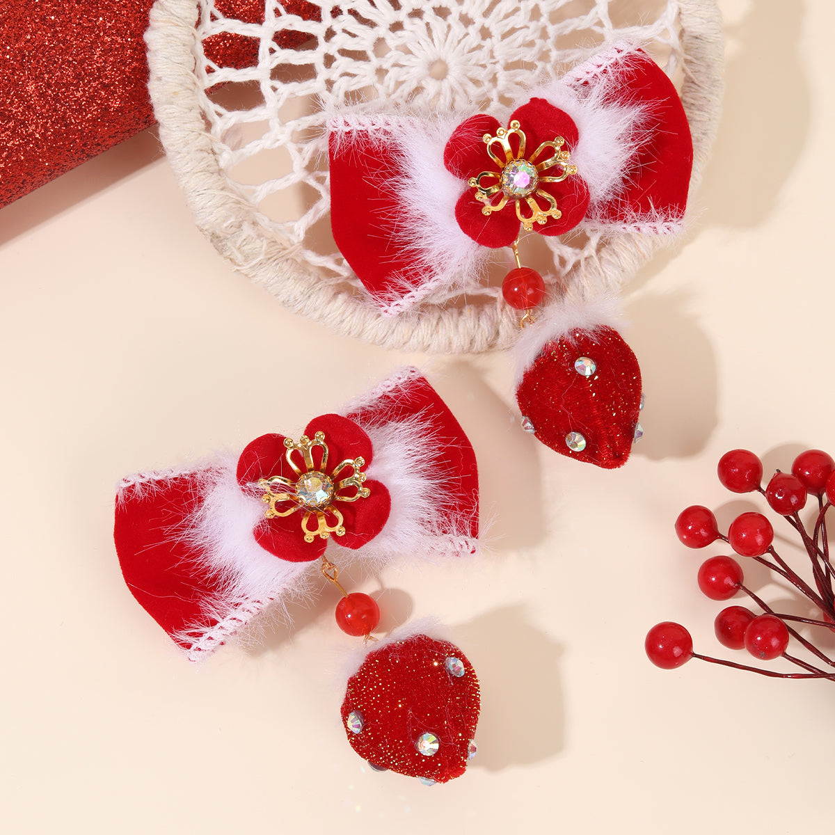 20Pair New Year Red Hair Bow Clips For Girls