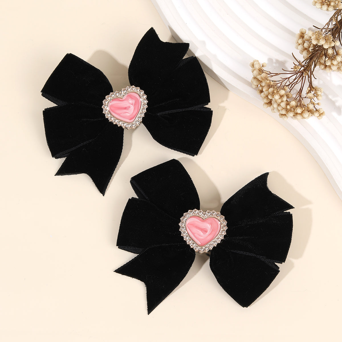 20pairs Velvet Pinwheel Hair Bows Clips with Heart Crystal