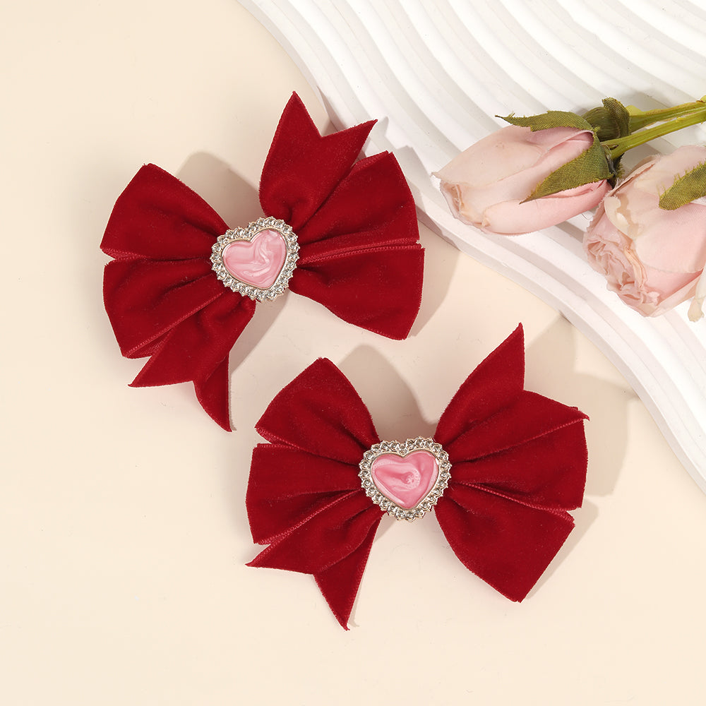 20pairs Velvet Pinwheel Hair Bows Clips with Heart Crystal