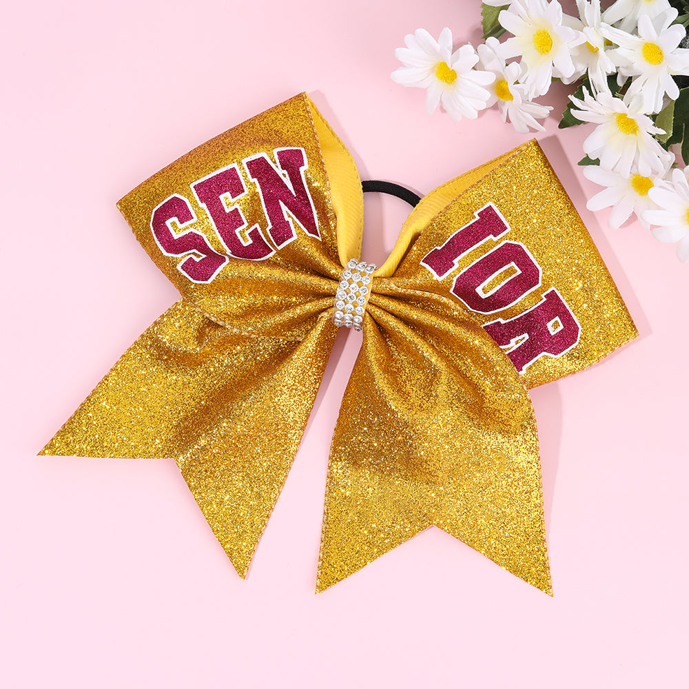 12Pcs 7" Glitter Senior Cheer Bows With Ponytail Holder