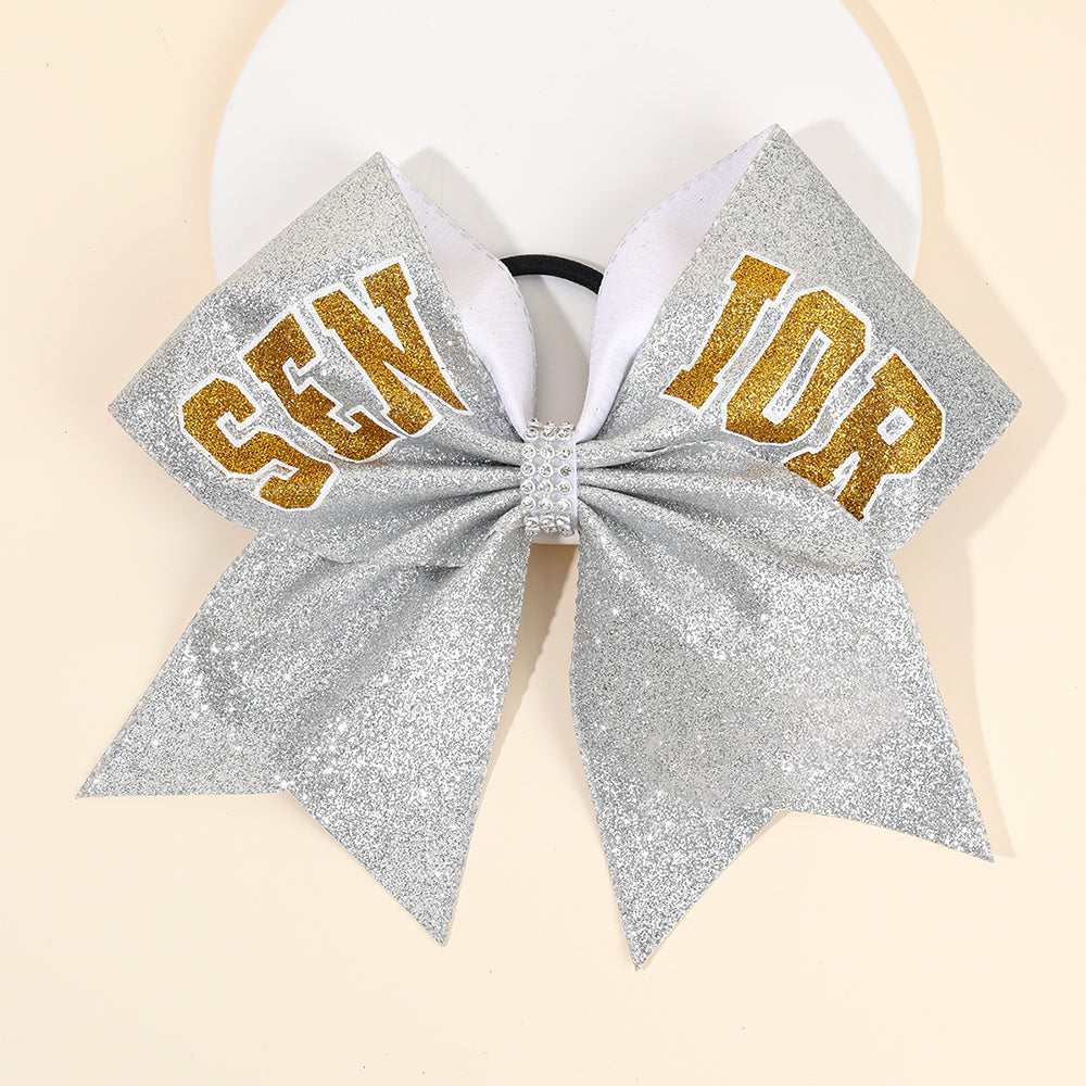 12Pcs 7" Glitter Senior Cheer Bows With Ponytail Holder