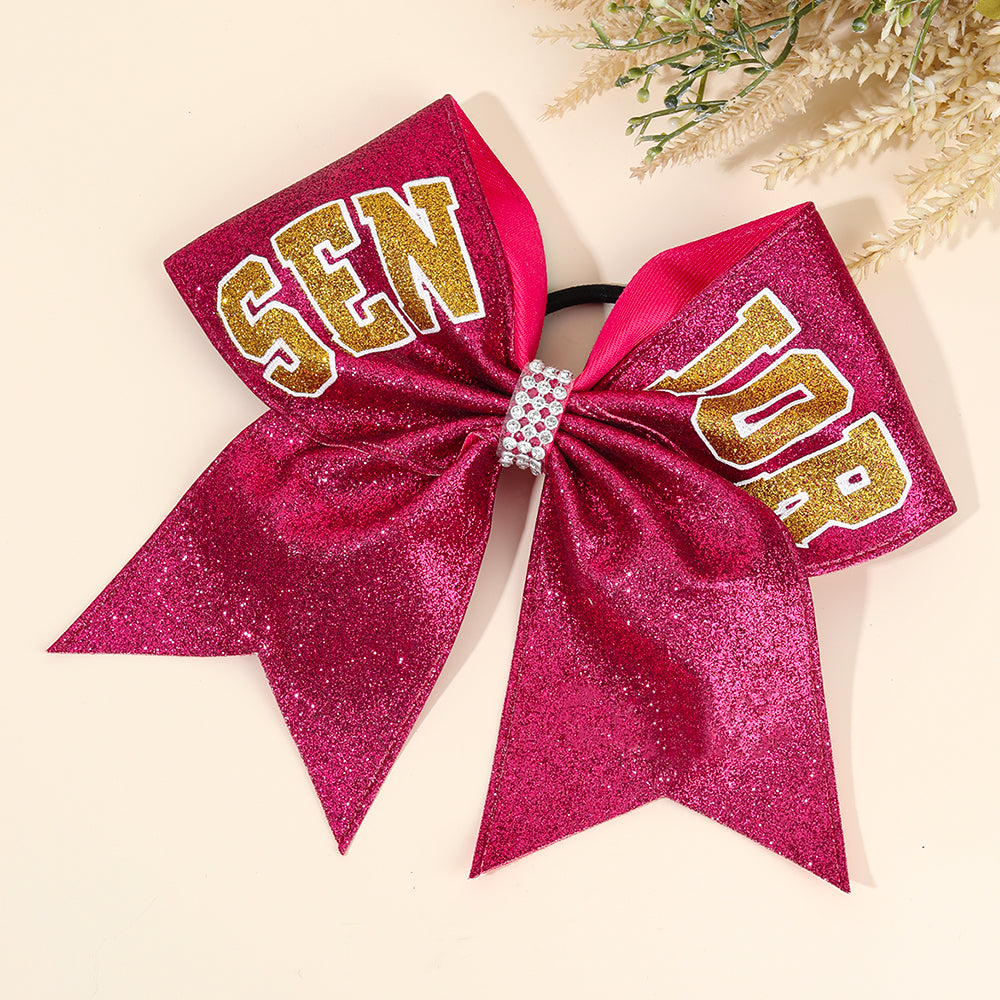 12Pcs 7" Glitter Senior Cheer Bows With Ponytail Holder