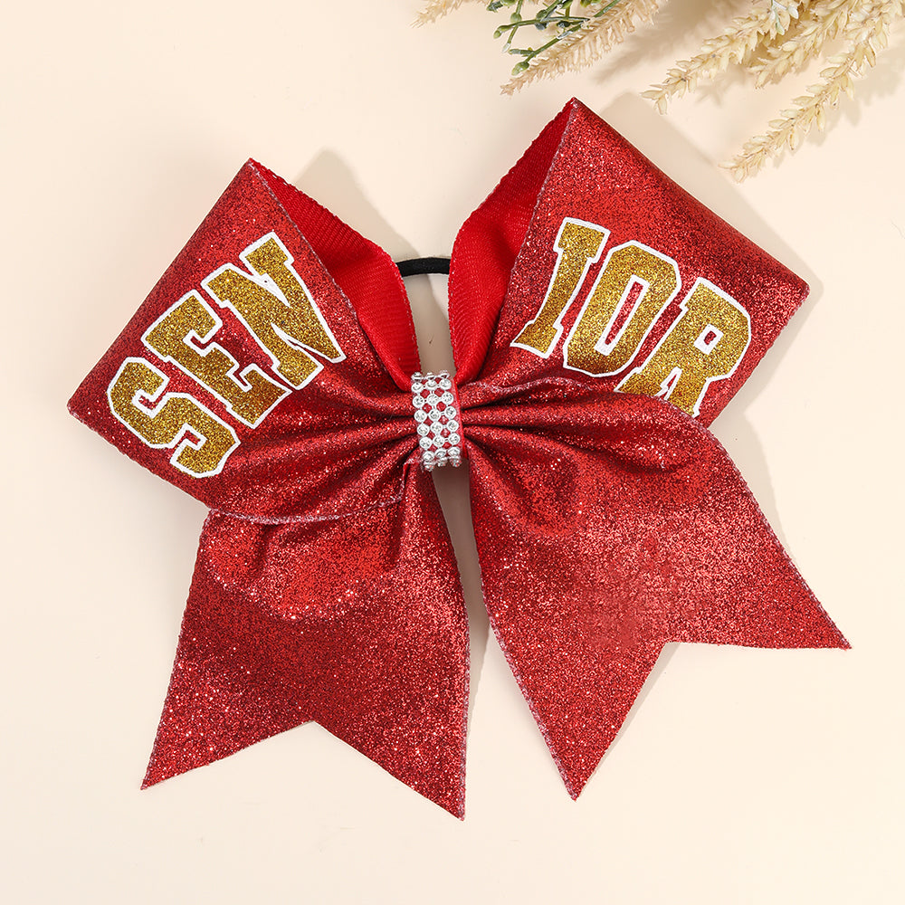 12Pcs 7" Glitter Senior Cheer Bows With Ponytail Holder