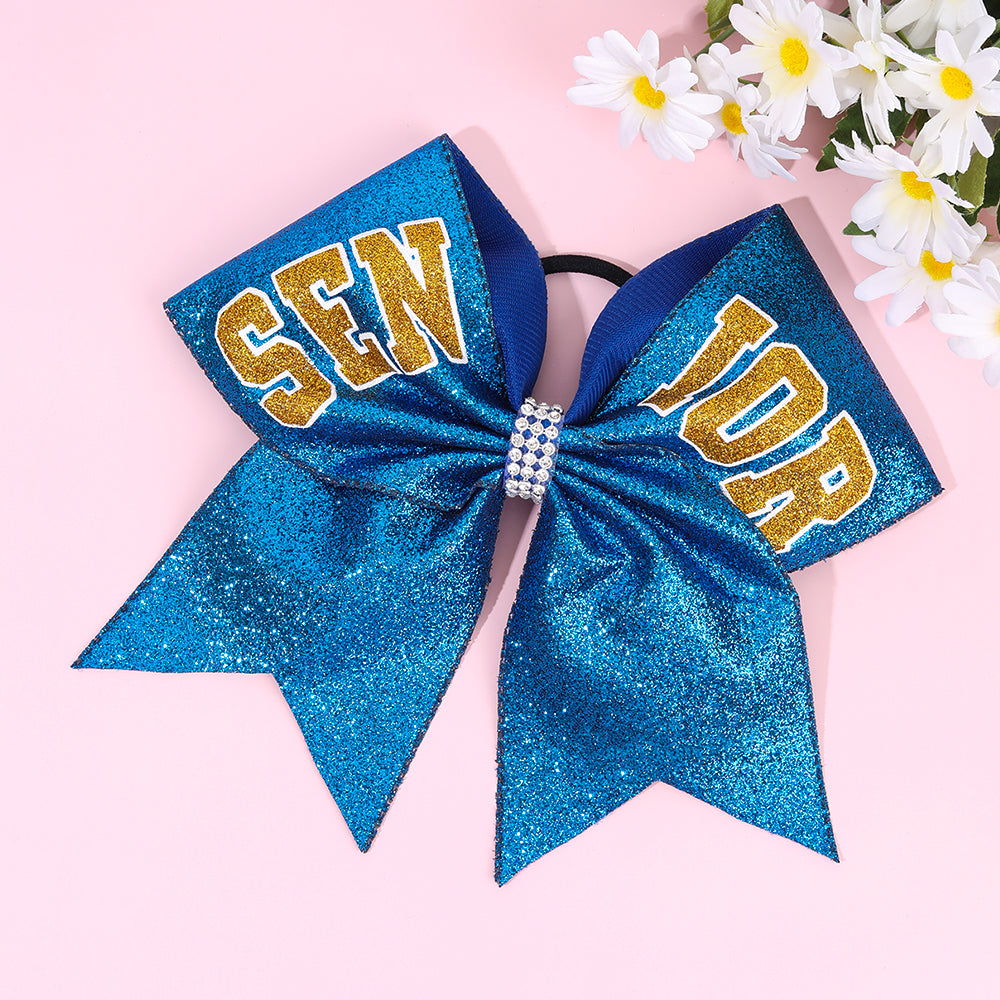 12Pcs 7" Glitter Senior Cheer Bows With Ponytail Holder