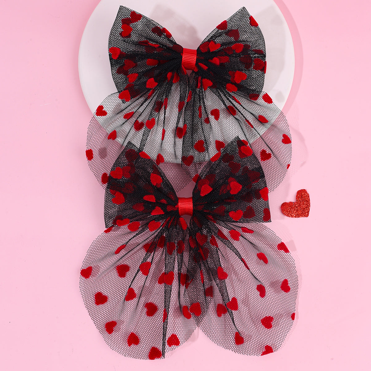 2Pcs Mesh Valentine's day Hair Bow Clip Girls