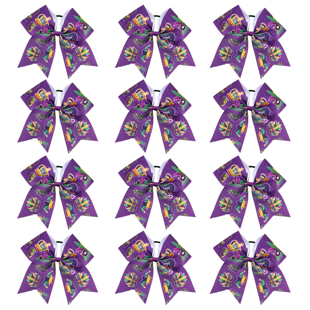 12pcs Mardi Gras Cheer Bows with Elastic Band