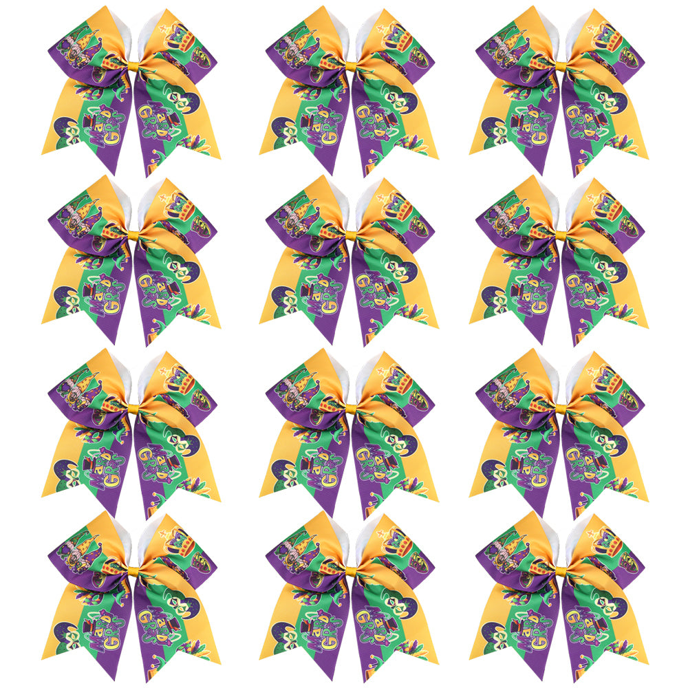 12pcs Mardi Gras Cheer Bows with Elastic Band