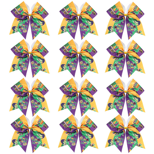 12pcs Mardi Gras Cheer Bows with Elastic Band